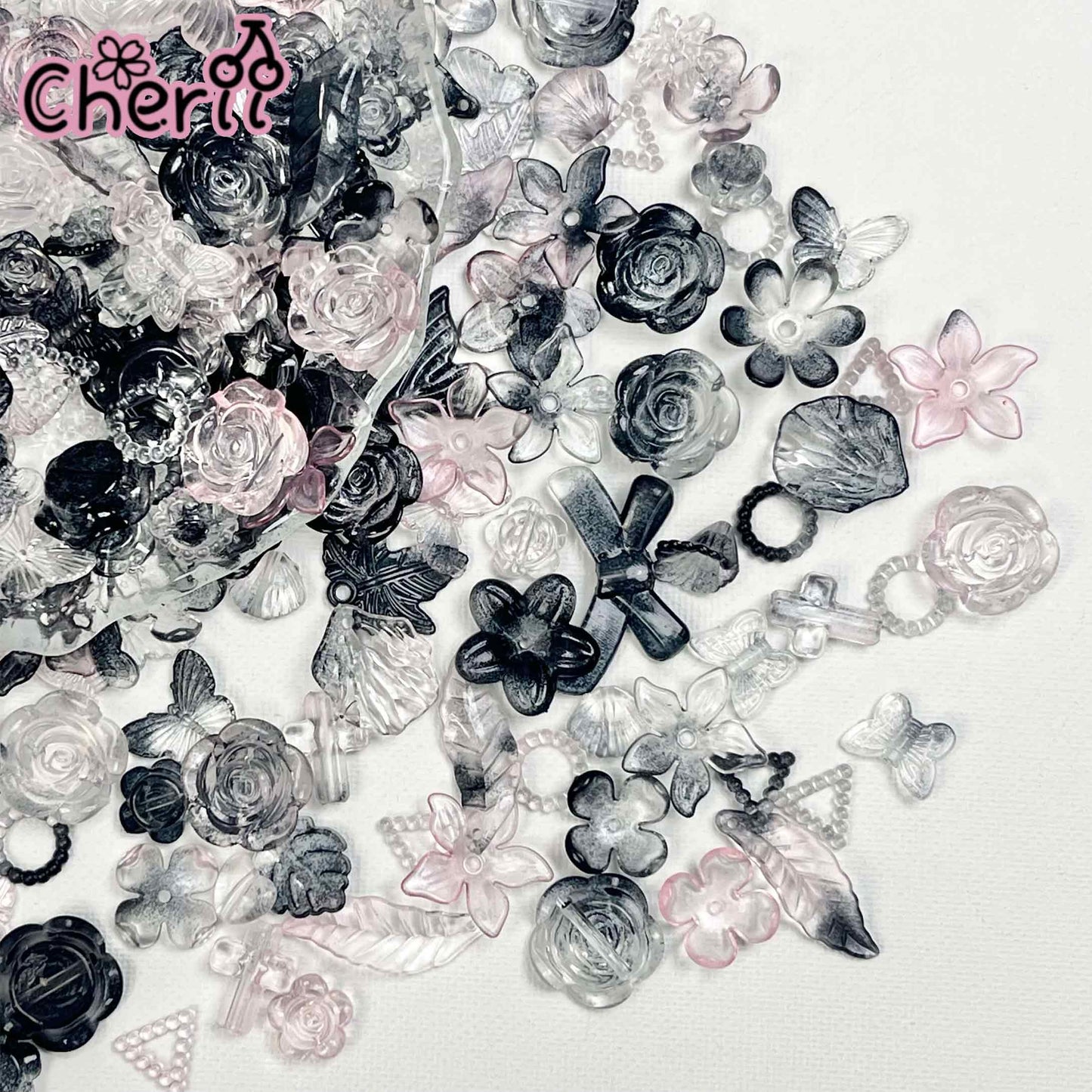 【5.26再入荷】♥ A0197 黒い花飾り アクリル パーツ ミックス